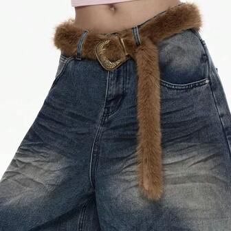 1pc Fashionable Furry Waist Belt With Rhinestone Metal Buckle, Suitable For Jeans, Dresses, Coats