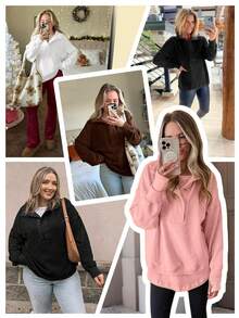 Women's Oversized Sweatshirt Snap Stand Collar Long Sleeve Casual Pullover Fall Winter Christmas Gifts - Màu Đỏ Sâu - Xem 6