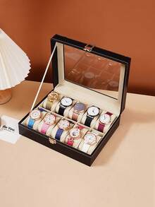 1pc Genuine Leather Watch Storage Box, Watch Display Case, Jewelry Organizer Box, Suitable For Valentine's Day, Sunny Travel, Cool Back To School Season - Black - View 18