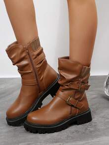 Women's Ruched PU Leather Ankle Boots – Side Zipper & Soft Back Elastic, Low Heel Moto Style Booties For Fall & Winter Daily Wear - 棕色 - 查看 4