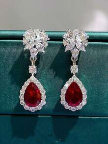 1pair Bright Red CZ Dangle Earrings For Women Aesthetic Flower Design Bridal Wedding Earrings Anniversary Gift Jewelry - Earrings - View 6