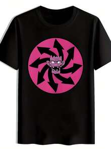 Camiseta negra para mujeres con calavera rosa; diseño de flecha - cuello redondo casual. Manga corta. Top de Verano. Tela de poliéster suave. Ideal para adultos. Atuendo Casual Diseño de Calavera Flecha Tela Elástica - Negro - Ver 1