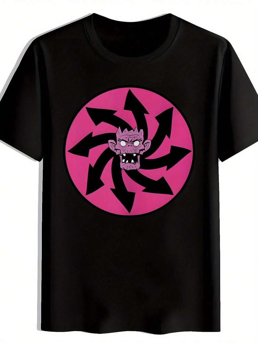 Camiseta negra para mujeres con calavera rosa; diseño de flecha - cuello redondo casual. Manga corta. Top de Verano. Tela de poliéster suave. Ideal para adultos. Atuendo Casual Diseño de Calavera Flecha Tela Elástica - Negro - Ver 1