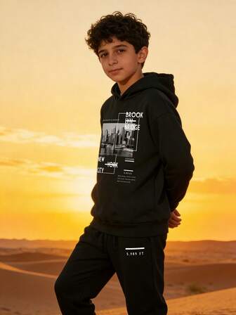 Teen Boys' Handsome Letter Print Long Sleeve Thick Drawstring Hoodie And Sweatpants Casual 2-Piece Set, Fleece, Suitable For Autumn/Winter, Teen Boy Gifts