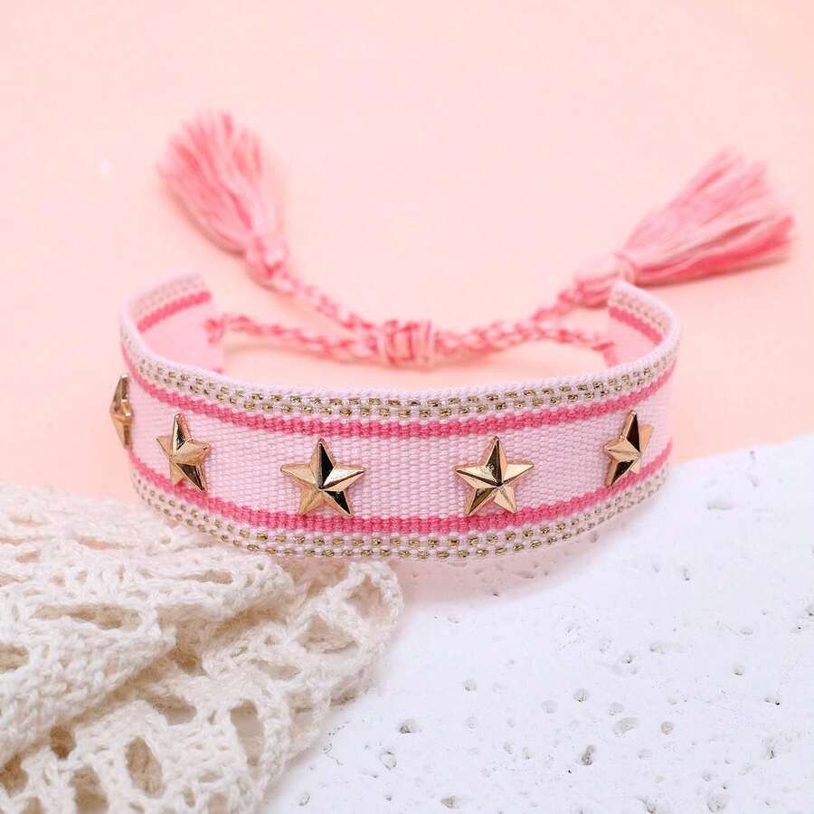1pc Fashionable Woven Bracelet With Star Studs - Pink - View 1