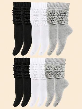 1/3/6 Pairs Of Women'S Autumn And Winter Casual Knitted Socks, Casual Socks, Women'S Elastic Socks, Women'S Elastic Socks, Women'S Mid Tube Socks, Black, White And Gray Soft, Comfortable And Fashionable Socks, Perfect Gifts For Hiking, Returning To School, Halloween And Christmas