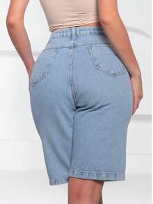 Women's Graphite Gray Denim Shorts, High-Waisted Gray Denim Bermuda Shorts, Summer Fashion, Foreign Blogger Style - Light Blue - View 3