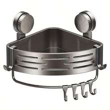 节省空间的吸盘式浴室置物架 - 无需钻孔，坚固的三角形置物架带挂钩，适用于淋浴房和卫生间墙壁/瓷砖，多功能收纳整理架。单件式浴室收纳贴片/吸盘式三角形置物架，用于存放卫浴用品。免钻孔壁挂式浴室置物架。 - 多色 - 查看 4