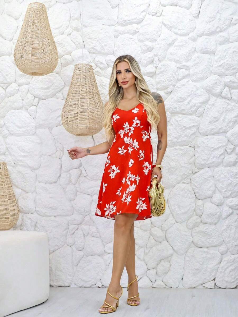Floral Dress With Straps, V-Neck, Loose Fit, With Padded Cups And Elastic - Casual / Beach / Summer / Everyday / Maternity Boho Casual Fabric, Tie Back, No Knots, Beach, Dating, Vacation - 紅色 - 查看 1