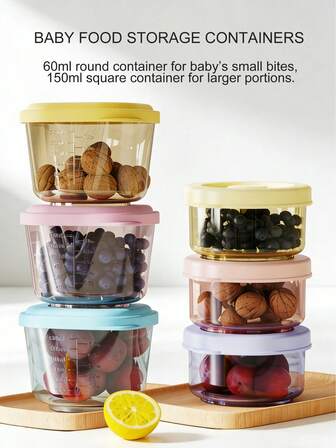 KUNT 6/2pcs 60ml Round/150ml Square Baby Mini Food Containers, PP Material Infant Feeding Bowls, Microwave , Leak-Proof Storage Boxes With Lids