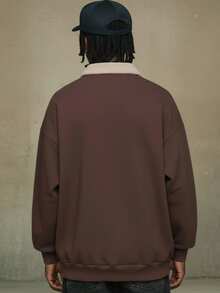 Men's Casual Sherpa Patchwork Collar Pullover Sweatshirt, Minimalist Style For Winter - Brown - View 2