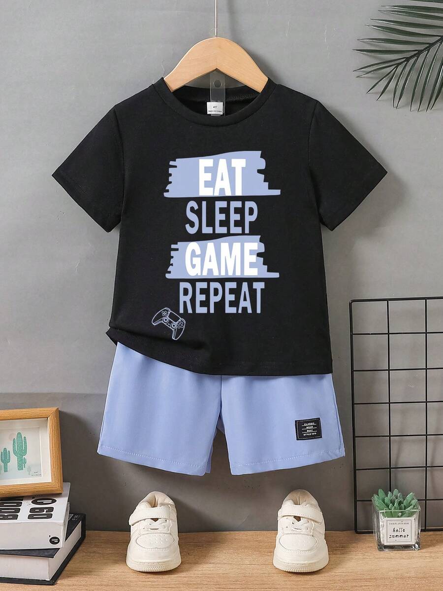 游戏玩家儿童夏季套装“吃睡玩循环”+游戏手柄印花，两件套休闲男童套装 - 霧霾藍 - 查看 1