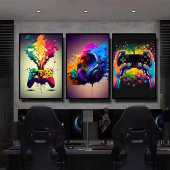 3pcs/Set Canvas Prints, Frameable, Colorful Gaming Controller, Headphones, Modern Esports Style Wall Art Decor For Studio, Dorm, Living Room, Bedroom, Perfect Gift For Boys & Men, Replaceable Artwork, Max Size 60*90cm, Art Gift, Home Decor