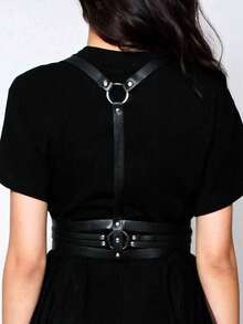 1件女士文艺复兴风格配饰，暗黑哥特风金色搭扣性感PU皮革吊带，适合夜店、万圣节派对或日常穿着 - 黑色 - 查看 3