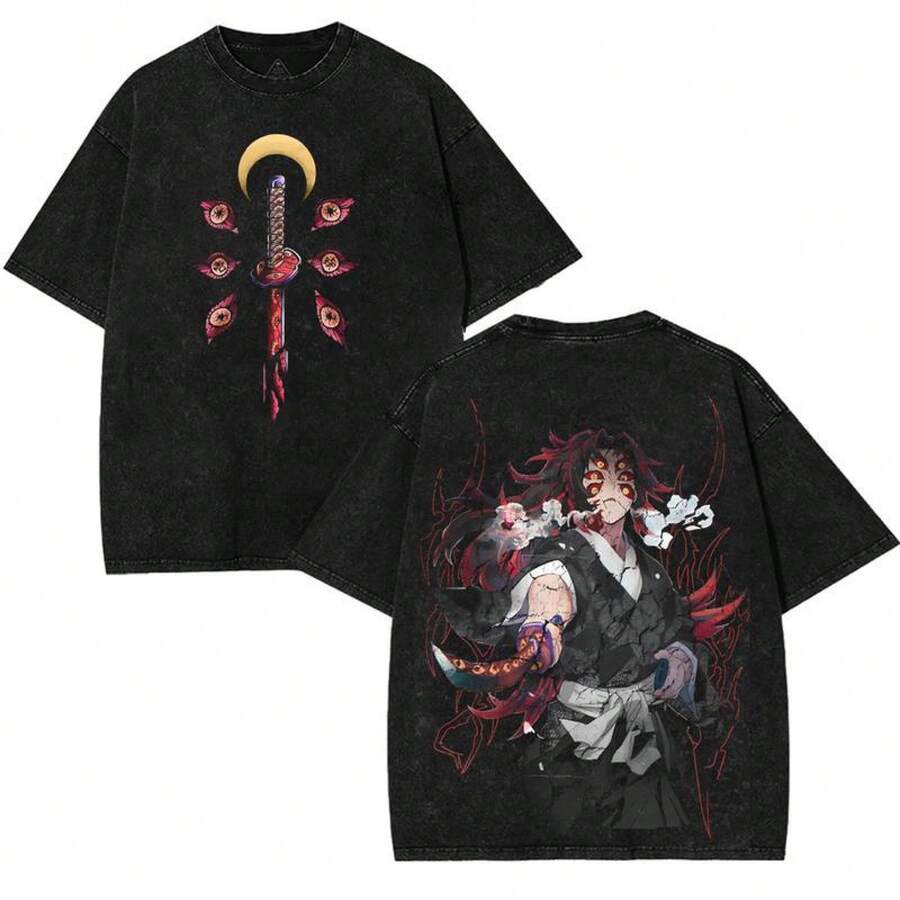 Kokushibo Moon's Upper Rank 1 Moon Breathing V9 Kimetsu No Yaiba Anime Acid Wash Double Print Graphic T-Shirt Fan Apparel Festive Distressed Vintage Tee - 黑色 - 查看 1