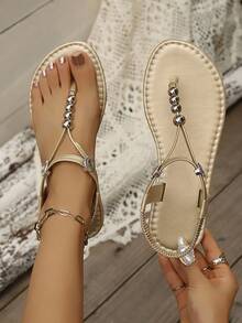Handmade Beaded Roman Style Comfortable Elastic Design Women's Flat Sandals, Fashion Casual Versatile, Summer New Arrival - Gold - View 4