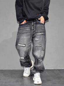 Calça Jeans Reto com Lavagem Vintage e Desgaste, Ajuste Folgado e Solto para Homens