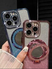 MewTrek Luxury Electroplated Phone Case With Makeup Mirror Stand, Featuring Sparkling Rhinestone Design, Silicone Material, Shock-Proof And Drop-Proof, Compatible With IPhone 16/16e/16 Pro/16 Pro Max/16 Plus/15/14/13/12/11/X/XS/XR/8/7, Galaxy S25/S24/S23/S22/S21/A55/A54/A53/A52/A35/A34/A23/A16/A15/A14/A13/A12/A05S/FE/Ultra/4G/5G, Redmi, Honor, MOTO, OPPO, Infinix And More - Blue - View 7
