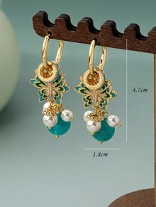 一对复古奢华珐琅3D蝴蝶蓝色玻璃珍珠吊坠耳环，女士百搭派对/母亲节礼物 - 寶藍色 - 查看 2