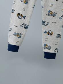 2件套幼儿男童卡通纯棉内衣套装，挖掘机印花加厚长袖上衣和长裤睡衣，纯棉保暖内衣套装 - 灰色 - 查看 9