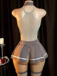 Women's Sexy Bodysuit, Role-Playing Costume, Pajama Set, Lingerie Set, 4-Piece Gray Women's Role-Playing Maid Outfit, Schoolgirl Style Mesh See-Through Thin Bodysuit With Bow Tie And Stockings, Pleated Skirt - 灰色 - 查看 2