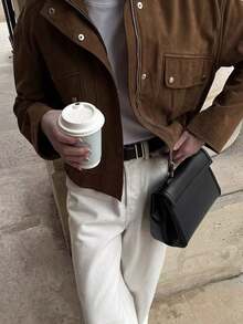 Women's Stand Collar Loose Fit Jacket Long Sleeve Pocket Streetwear Coat - Olive Green - View 4