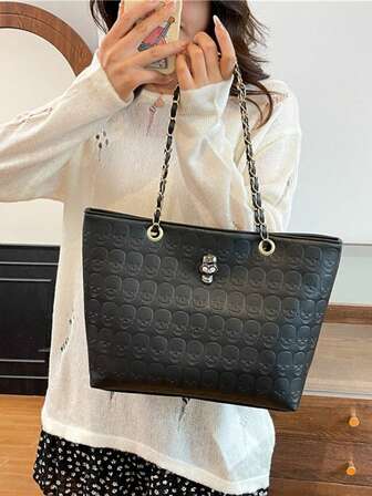 Nueva bolsa de mano grande con decoración de calavera de metal en unicolor, con relieve de calavera de PU, bolso de hombro con cadena para mujer