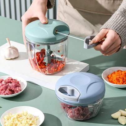 Multi-Functional Vegetable Slicer, Includes Food Processor, Meat Grinder, Manual Garlic Press, Garlic Peeler Functions, Easy Pull Cord Design For Quickly Slicing Onions, Garlic, Vegetables, Fruits, Nuts And Herbs - No Electricity Needed, Essential Kitchen Accessory, Durable Plastic Cutter