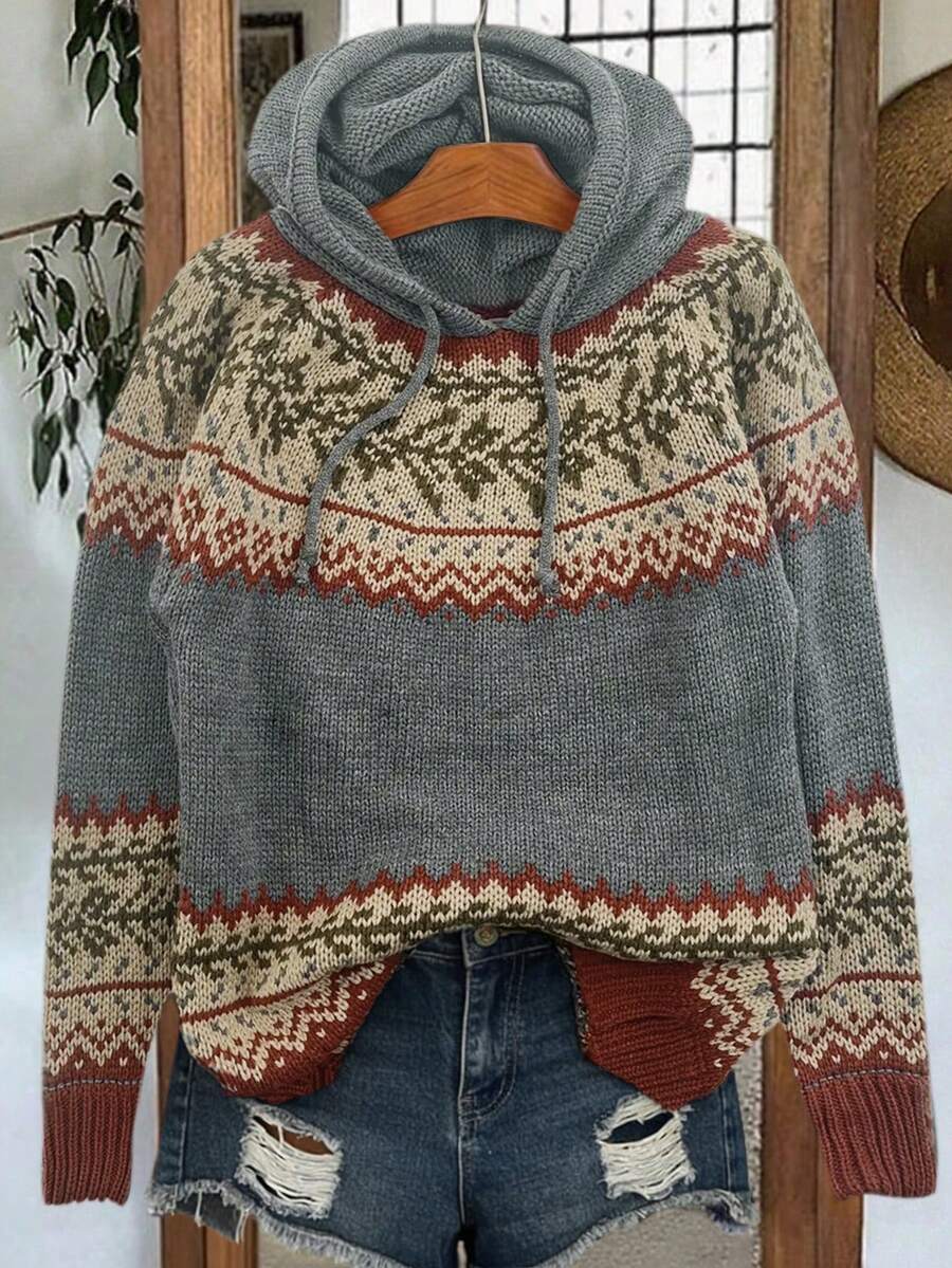 Áo len nữ dáng rộng, thoải mái, ấm áp, màu xám pha xám, họa tiết hình học và hoa văn Fair Isle, tay dài, có mũ, thích hợp cho việc đi làm, mùa Thu/Đông. - Xám - Xem 1