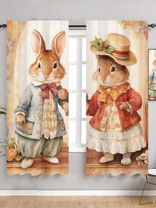 2pcs Easter Rabbit Curtains, Country Couple Rabbit Printed Curtains, Creating Warm Easter Atmosphere, Easter Party Decoration Supplies, Suitable For Living Room, Bedroom, Dining Room Multiple Scenarios, Window Decoration Hanging Flags, Room Decoration Home Decoration Background Cloth, Polyester Rod Pockets, Easter Gifts - Easter Bunny - View 6