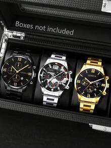 3 件男士休闲奢华商务石英表套装 - 时尚圆形表盘、日期功能、合金表壳和不锈钢表带 - 男士完美礼物 - 彩色 - 查看 9