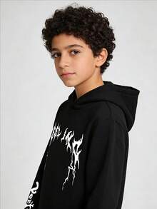 Youth Autumn/Winter Black Fashionable Versatile Bear Print Warm Sweatshirt, Fleece, Hooded, Teen Boys Gifts - Black - View 3