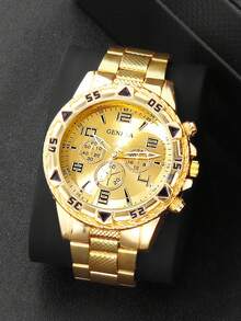 4pcs Teenager Boys' Extra Large Dial Quartz Watch With Calendar, Personalized Fashion Wristwatch, Letter R Necklace, Bracelet, Cross Ring, Suitable For Holidays, Birthday Gifts, Daily Wear - Gold - View 3