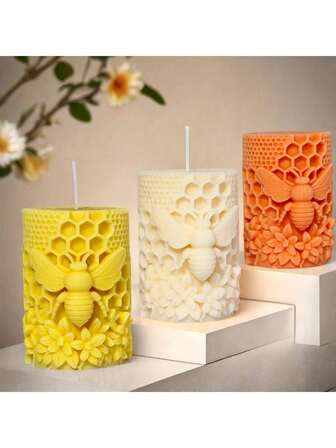 蜂窝圆柱形硅胶蜡烛模具 - 蜜蜂和花朵压花树脂、蜡和肥皂模具，适用于DIY蜡烛制作和家居装饰工艺品
