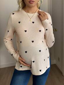 孕妇休闲爱心印花圆领侧开衩长袖T恤，日常穿着 - 杏色 - 查看 3