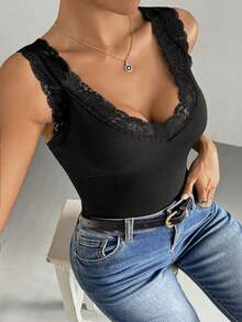 Plus Size, Warm Ribbed Casual Lace-Trimmed V-Neck Sleeveless Tank Top, Perfect For Autumn And Winter. - Black - View 6
