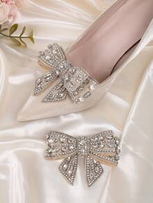 2个（1对）银色和金色蝴蝶结水钻可拆卸鞋夹，时尚优雅奢华鞋履配饰，适用于高跟鞋、平底鞋、运动鞋、休闲鞋，用途广泛 - 杏色 - 查看 3