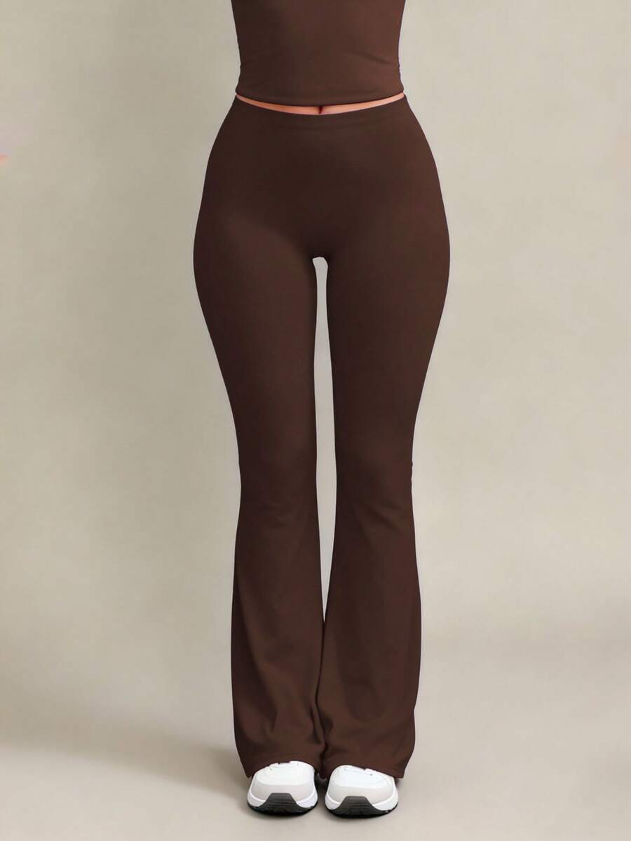 XLLAIS 2026新款性感紧身喇叭裤 高腰弹力运动休闲纯色棕色裤 新年 - 棕色 - 查看 1