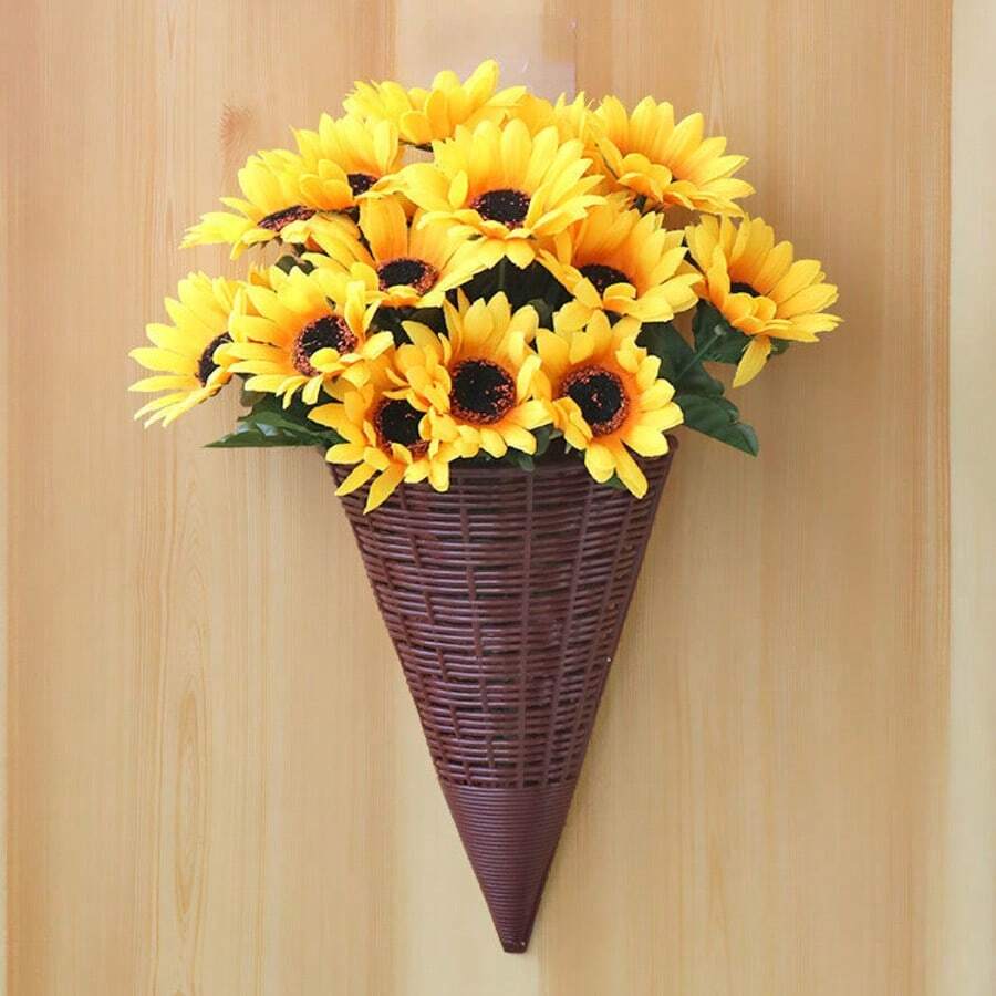 4 chậu cây treo tường giả mây màu nâu mộc mạc, giỏ hoa lan phong cách mây tre đan cổ điển dùng trang trí nhà cửa, chậu hoa cổ điển dùng trang trí sân vườn và nhà cửa, chậu hình nón giả mây nhựa, chậu cây treo tường, chậu hoa hàng rào ban công - màu nâu - Xem 1