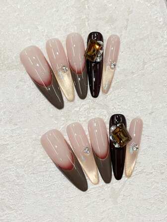 High-End Art At Your Fingertips. 10pcs Handmade Nails, Oval Long Pointed Nails, Maroon-Red French Style With Gold Cat Eye Design, Adorned With Large Square Rhinestones, Simple Yet Luxurious. Suitable For Going Out, Traveling, Or Dating Outfits, Can Be Given As A Gift To Friends, Gives A Fair And Sophisticated Look. Reusable Handmade Press-On Nail Set With Jelly Glue And One Mini Nail File.