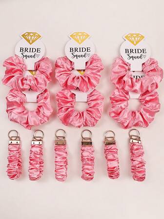 12件套优雅缎面发圈及手链钥匙扣套装，镶钻装饰，可爱甜美粉色发饰，适合婚礼、派对、聚会，亦可作为朋友礼物