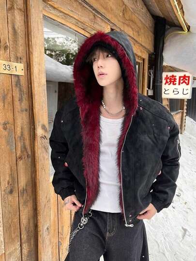 Winter New Style, Christmas, Red Plush, Imitation Suede Leather, Mountain Carving, Dark Wind, Loose, Washed, Short Style, Cotton Jacket, Men's Jacket, Couple's Style