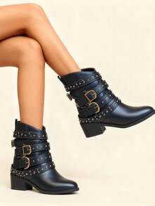 Geeyea A Pair Of Women's Ankle Boots With A Chain Design, YTK2 Style, Chunky Heel, Suitable For Autumn And Winter, Featuring Rivet Details And A Metallic Finish. - màu đen - Xem 3