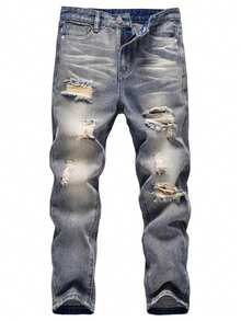 Children Teen Boy's Skinny Fit Ripped Destroyed Distressed Fashion Kids Denim Jeans Pants - D - View 1