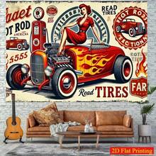 Pancarta plana 2D, Pancarta de fiesta de coche Hot Rod retro y chica sexy - Decoración de coche de los años 50, Hot Rod rojo, fuente audaz - Fondo de tela de poliéster duradera, sin electricidad necesaria - Estilo clásico americano, cumpleaños, boda, garaje, decoración de cabina de fotos - Regalo ideal para entusiastas de los coches, telón de fondo para eventos, calidad de impresión vibrante, diseño duradero, decoración del hogar, Pancarta plana 2D - Multicolor - Ver 6