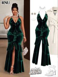 RNU Women's Green Elegant Solid Color Velvet High Elasticity V-Neck Criss-Cross Back Tie Bodycon Multilayer Ruffle Front Slit Party Cocktail Romantic Date Wedding Guest Outfits Casual Holiday Valentine's Day Date New Arrival Concert Outfit Evening Birthday Original Design Slit Christmas Clothes Christmas Outfit For Women Halloween Clothes Winter Clothes For Women Elegant Fall Clothes For Women Chic Classy Outfits For Women New Year Long Maxi Dress