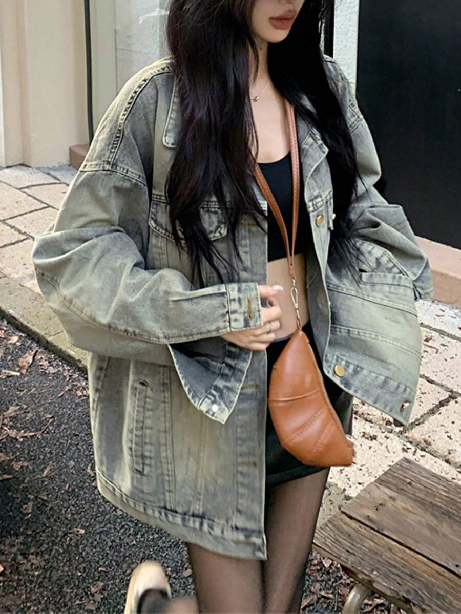 Y2K Limited Edition Oversized Vintage Distressed Washed Denim Blue Jacket, Loose Fit For Women, Autumn/Winter Casual Spring - Medium Wash - View 1