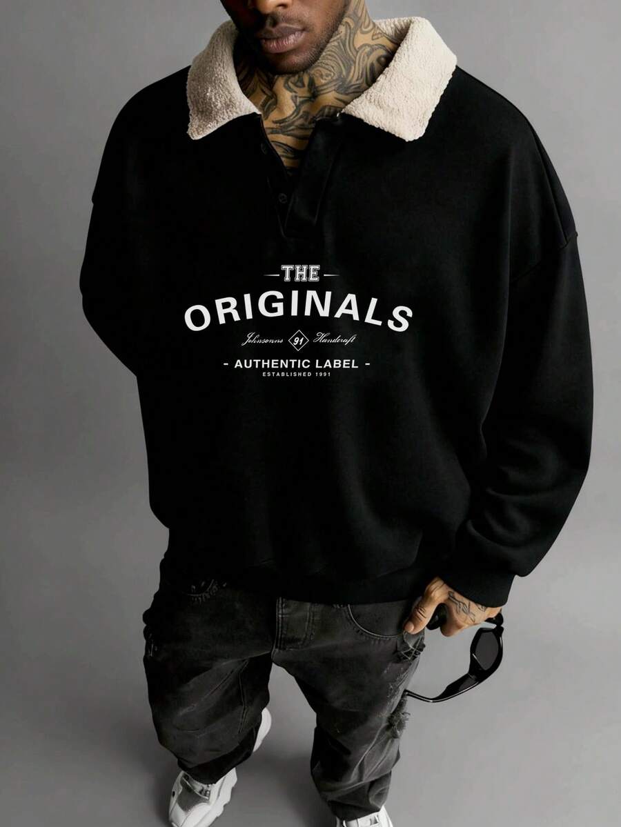 New Men's Patchwork Sherpa Collar Sweatshirt, Fashionable Casual, Autumn/Winter, Long Sleeve Top - Black - View 1