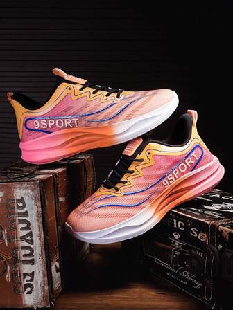 Men's Breathable Mesh Sneakers, Gradient Orange-Pink Streetwear Shoes, Soft Sole Comfortable Casual Shoes