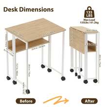 Folding Desk Small Rolling Desk With Storage Shelf,31.5 Inch Foldable Computer Table For Small Spaces, Space Saving Sofa Table With Wheels For Home Office, Study, Easy Assembly - Wood Color - View 8
